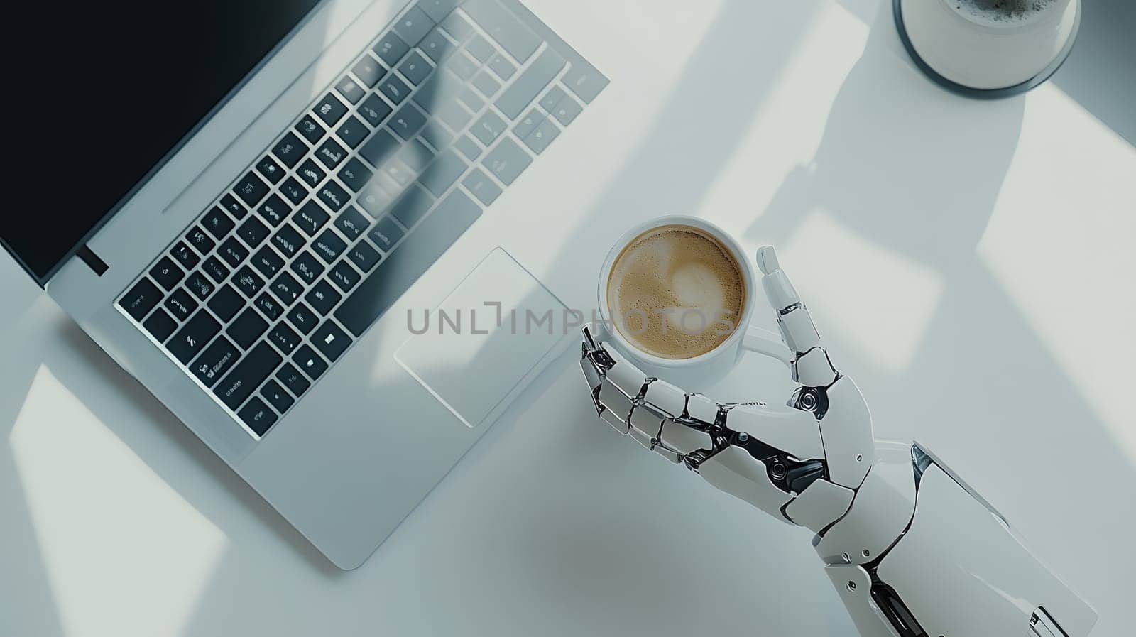 Robotic hand holding a coffee cup beside a laptop.