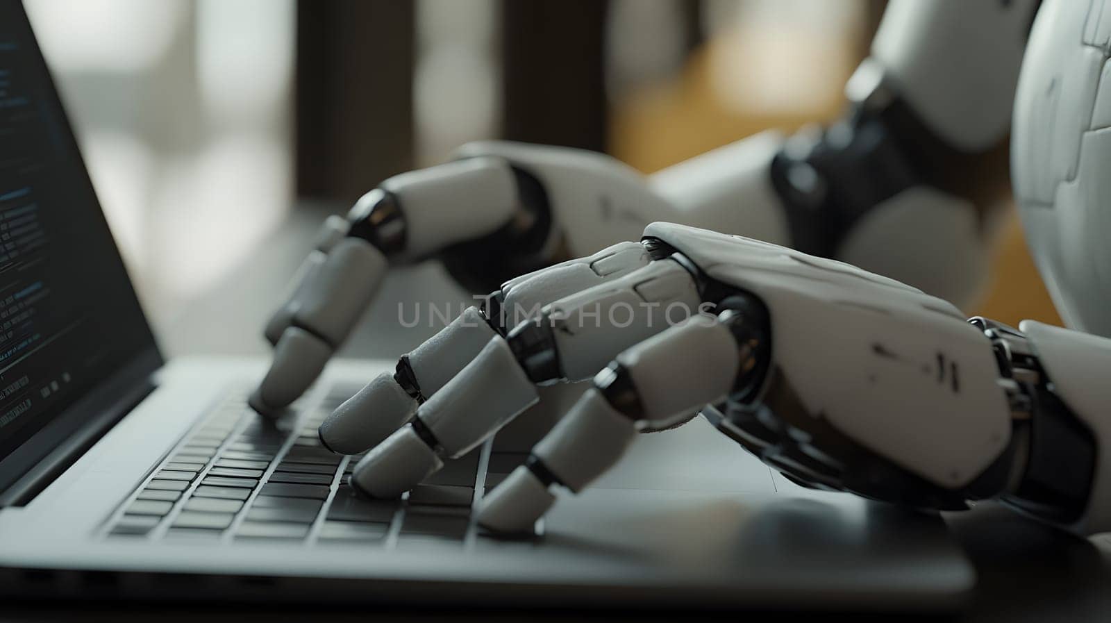 Robotic hand typing on a laptop, illustrating technology interaction.