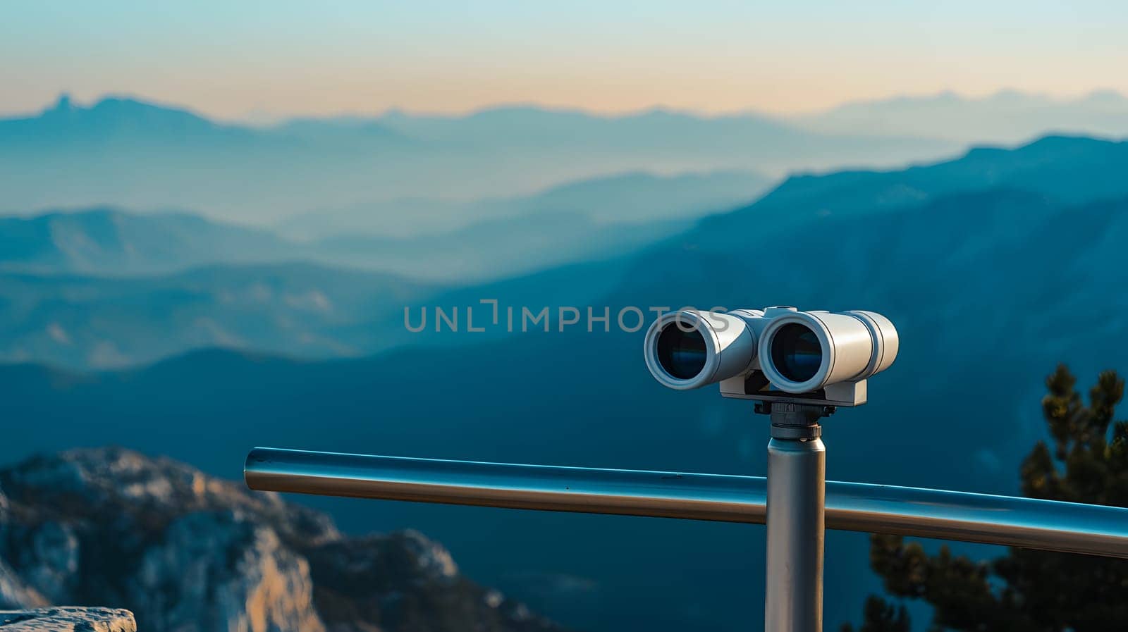 Scenic viewpoint with binoculars overlooking a mountainous landscape.