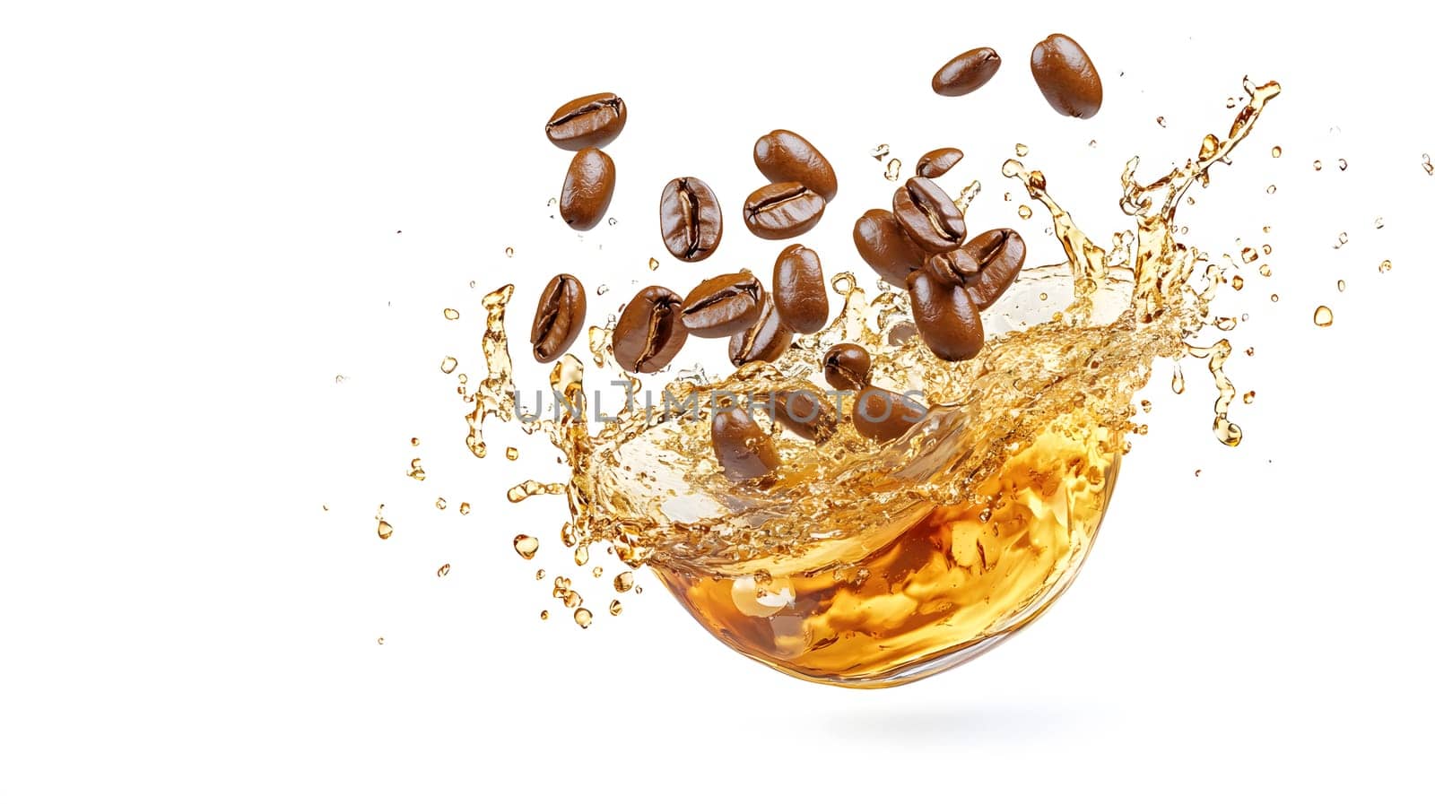 Splash of coffee with beans creating an energetic visual effect.