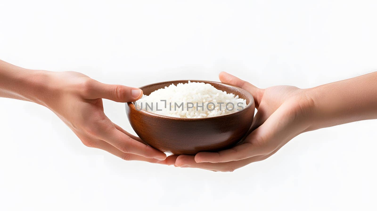 Two hands exchanging a bowl of rice, symbolizing sharing and nourishment.