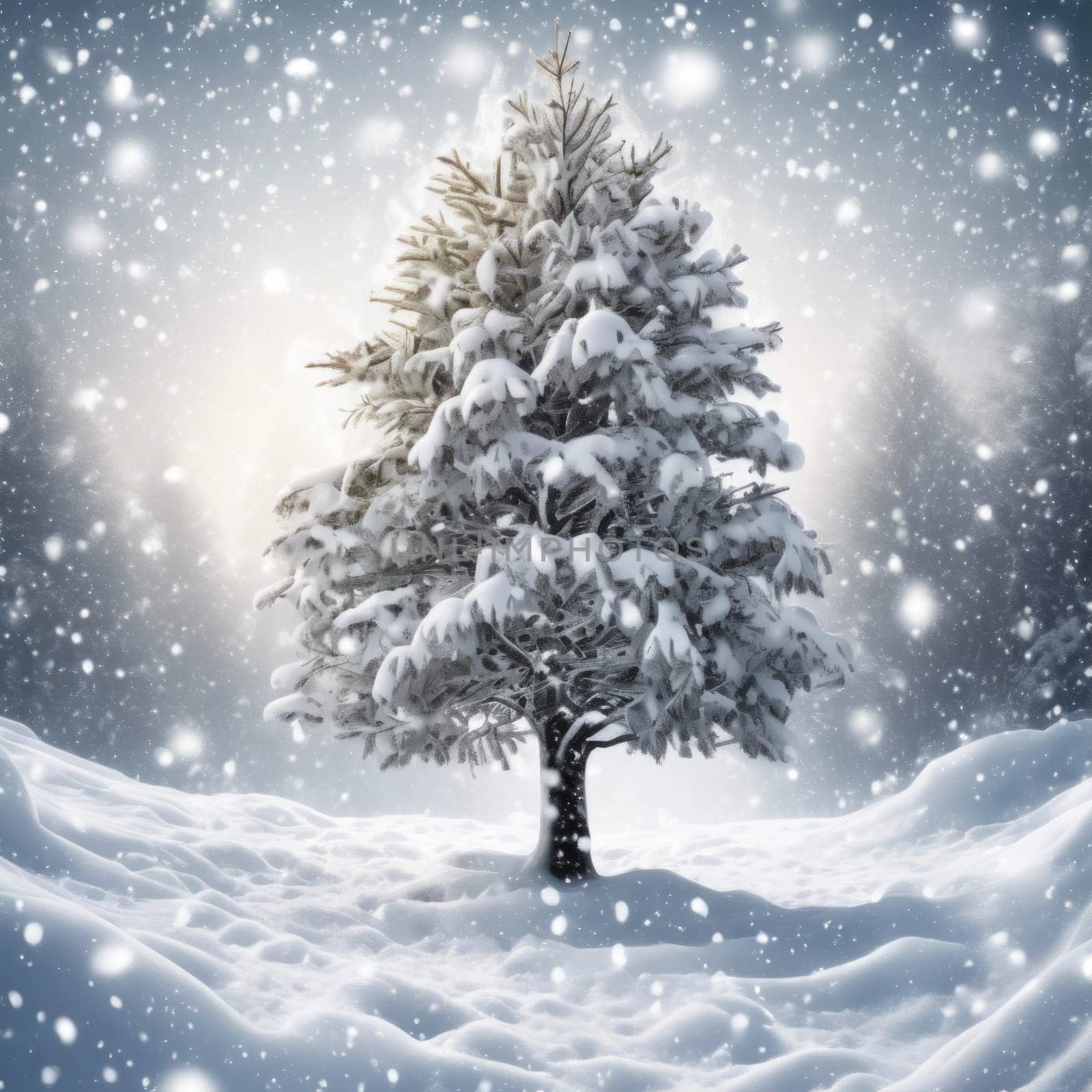 Magical winter scene with snow-covered evergreen tree standing alone in deep snow. Soft glowing light illuminates snowy landscape, for Christmas cards, holiday backgrounds, winter wonderland themes