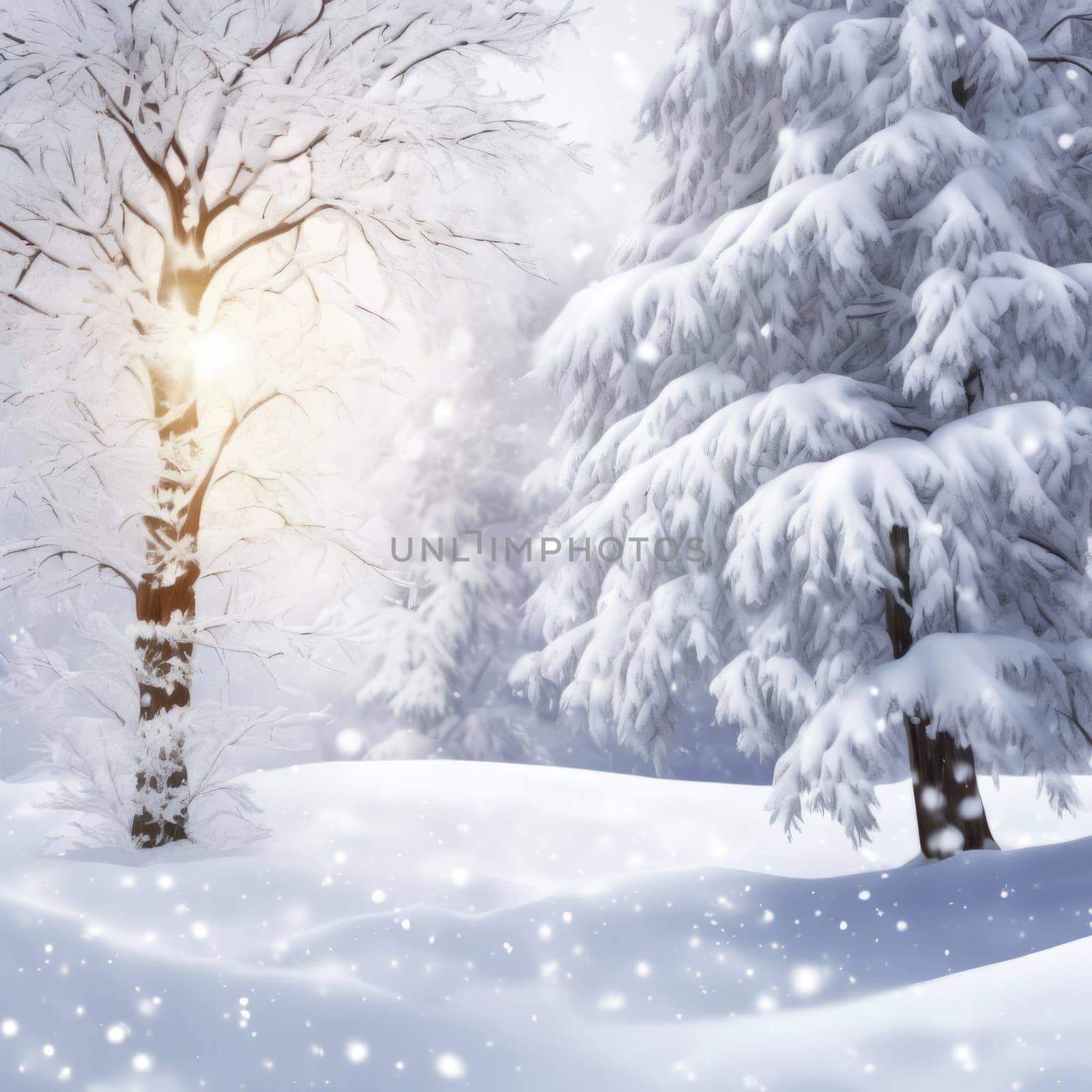 Enchanting winter landscape with snow-covered trees. Bare tree illuminated by soft sunlight, creating magical glow, for holiday card, winter theme, festive background, serene nature scene