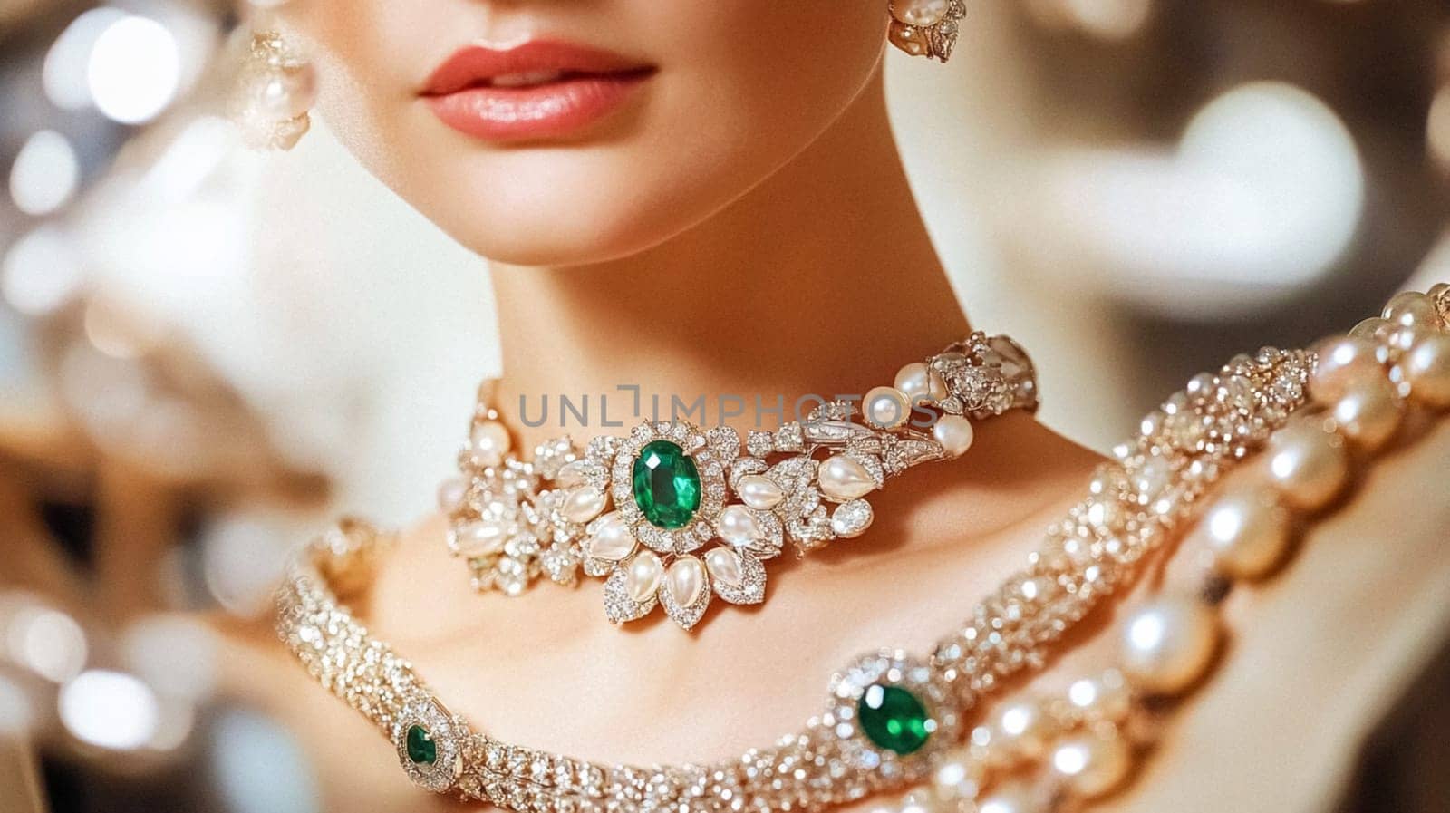 Woman adorned with an emerald necklace and matching earrings poses gracefully, exuding luxury and timeless elegance idea