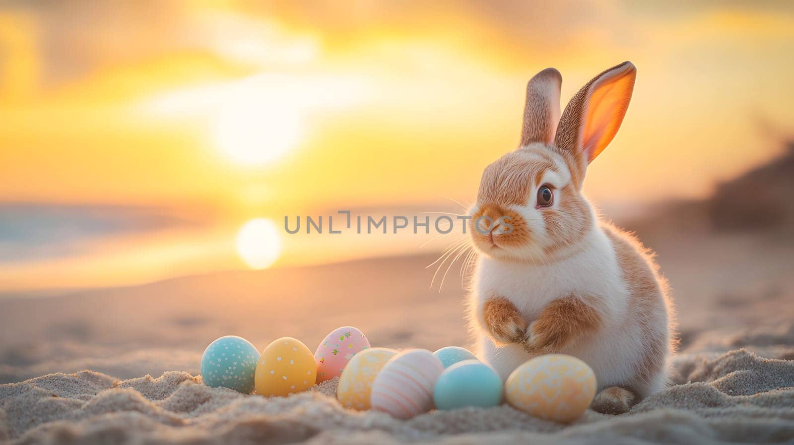 A cute rabbit beside colorful Easter eggs at sunset on the beach.
