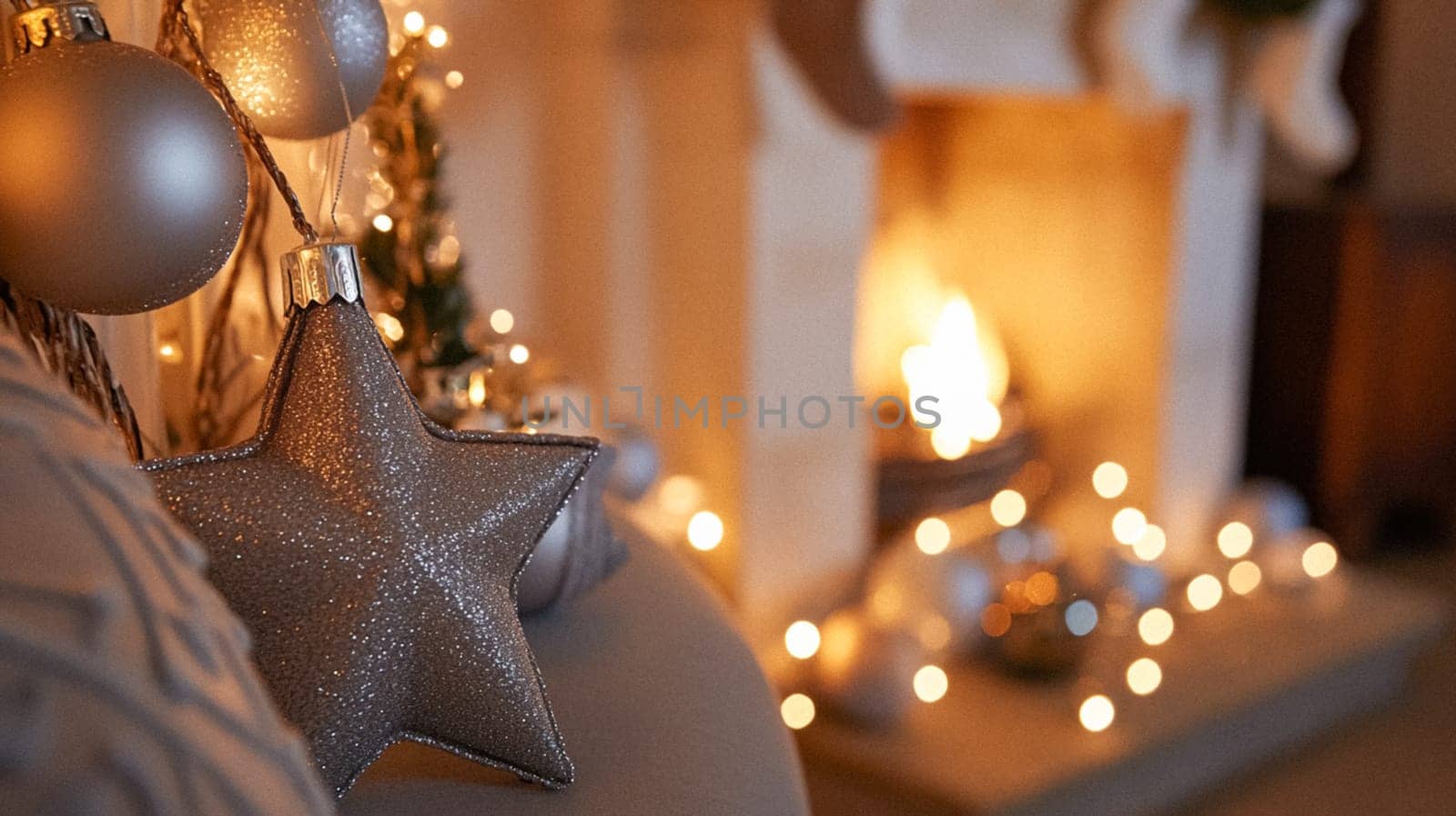 Christmas, holiday decor and country cottage style, cosy atmosphere, decorated Christmas tree in the English countryside house living room with fireplace, interior decoration idea