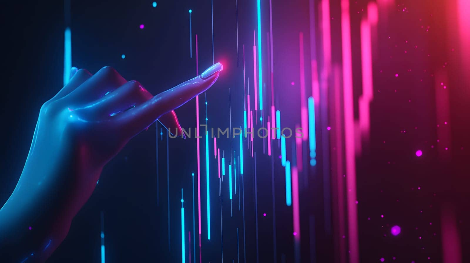 A futuristic hand interacting with digital data visualizations.