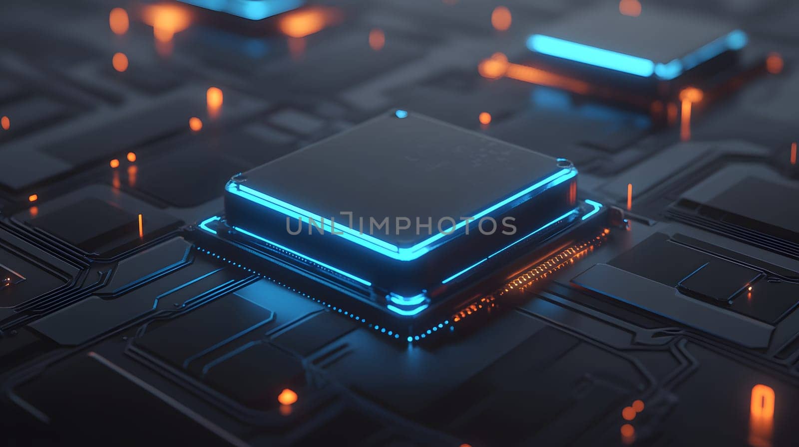 A futuristic microchip with glowing edges on a circuit board.