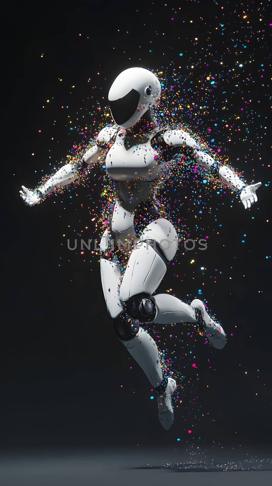A futuristic robot figure surrounded by colorful particles in motion.
