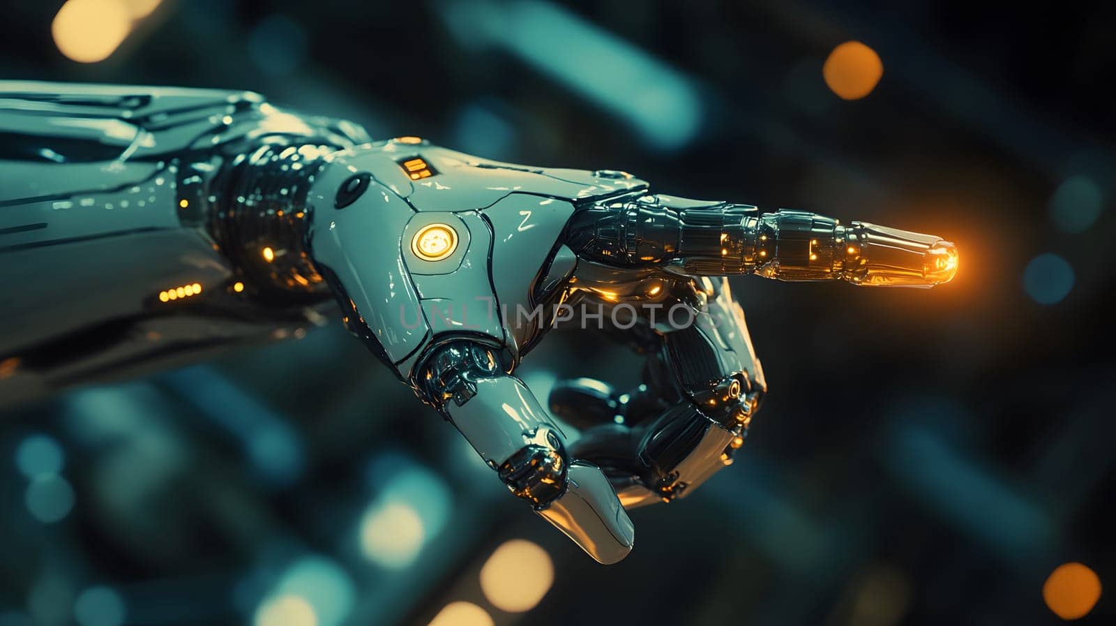 A futuristic robotic hand pointing with a glowing tip.