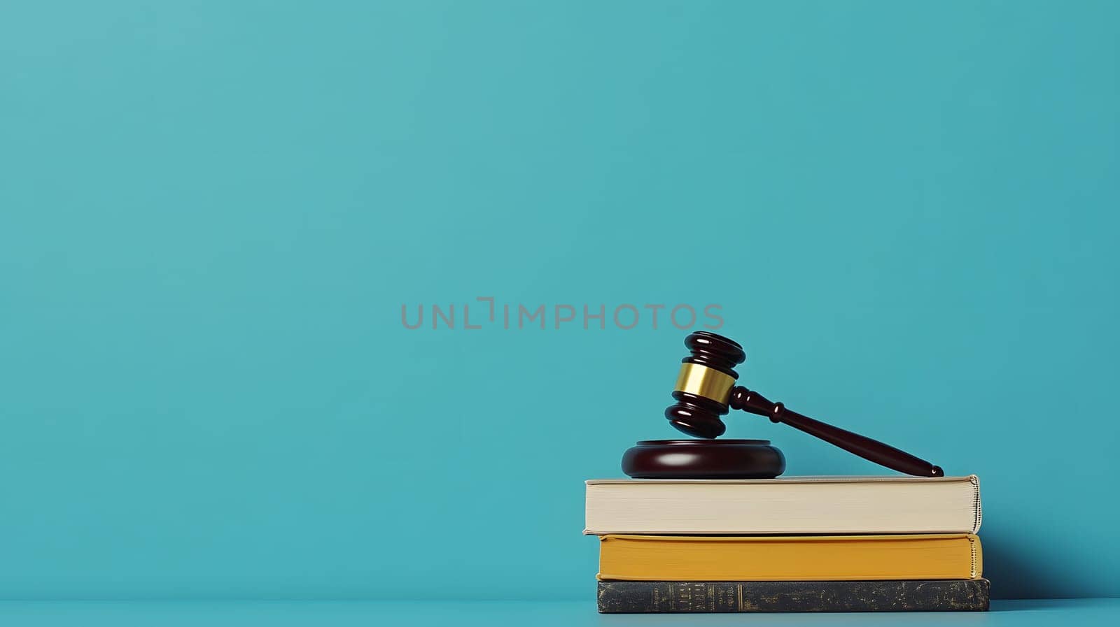 A gavel resting on stacked books against a blue background.