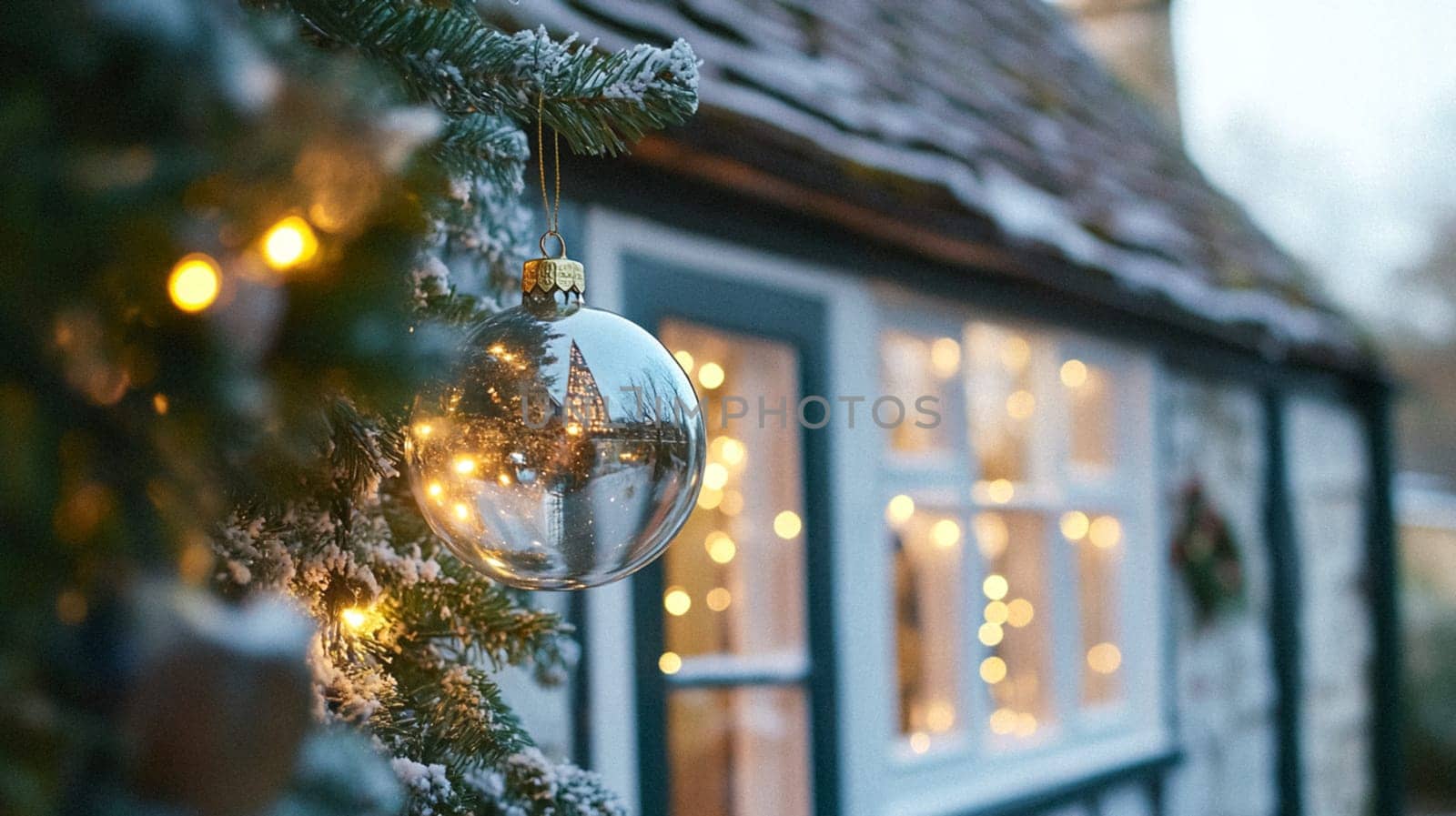 Christmas in the countryside, cottage decorated for holidays on a snowy winter evening with snow and holiday lights, English country styling inspiration