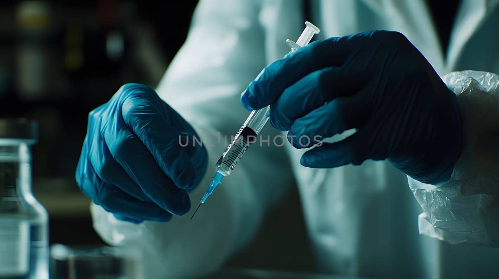 A gloved hand holding a syringe, preparing for injection.
