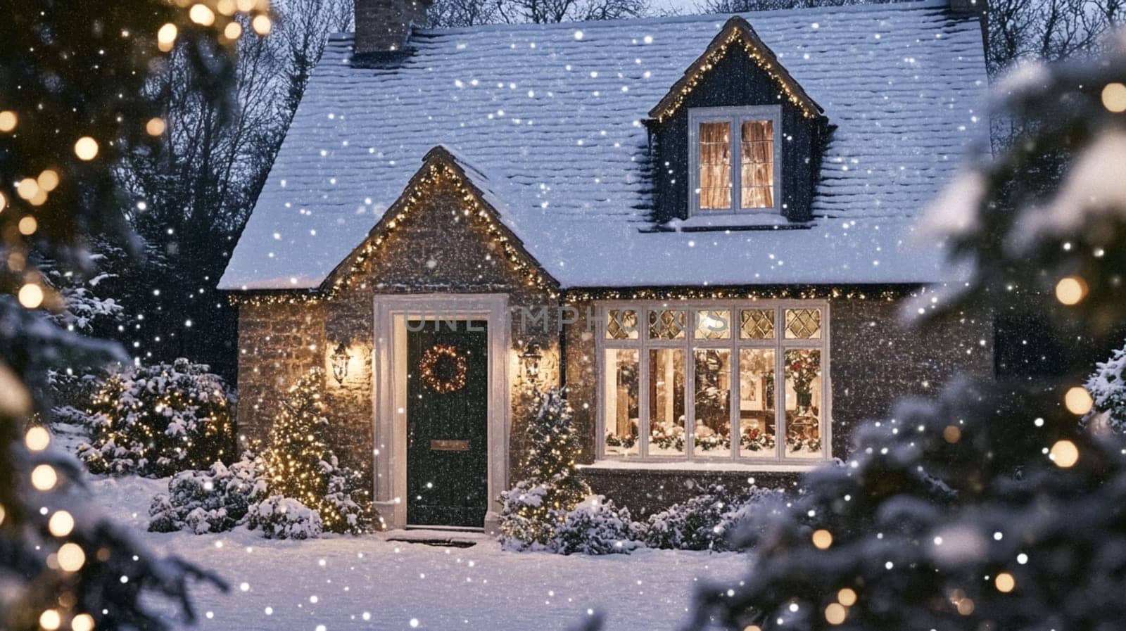Christmas in the countryside, cottage decorated for holidays on a snowy winter evening with snow and holiday lights, English country styling inspiration