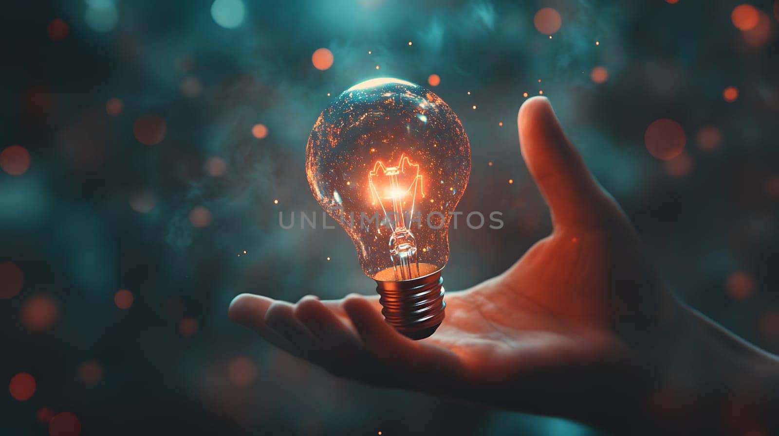 A hand holding a glowing light bulb amidst a dreamy background.