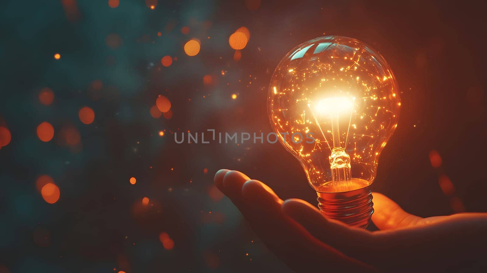 A hand holding a glowing light bulb with sparkles around it.