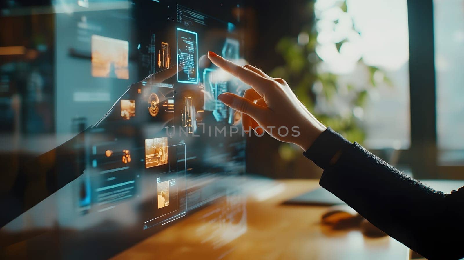 A hand interacting with a digital interface displaying images.