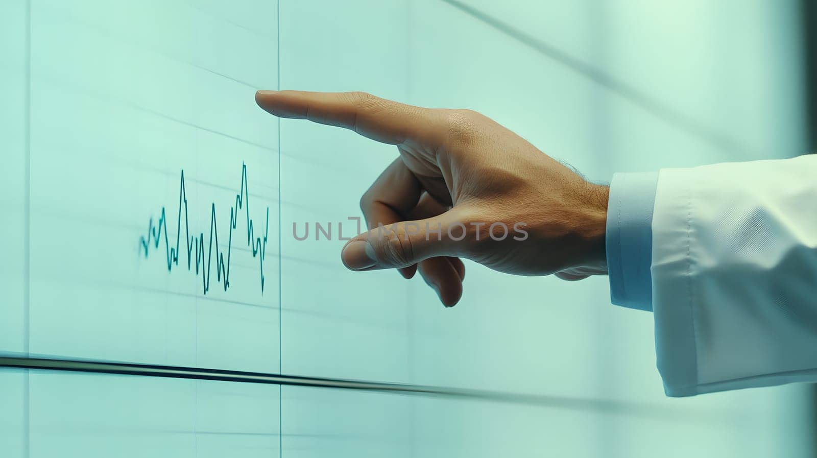 A hand interacting with a digital screen displaying data trends.
