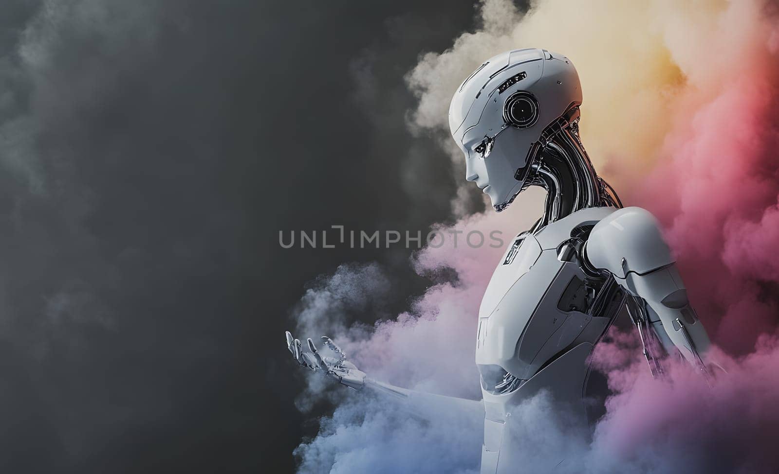 A humanoid robot surrounded by colorful smoke, symbolizing innovation.