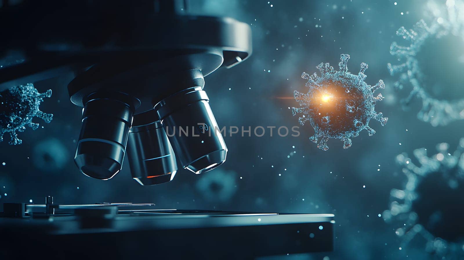 Microscope observing viruses in a scientific research setting.