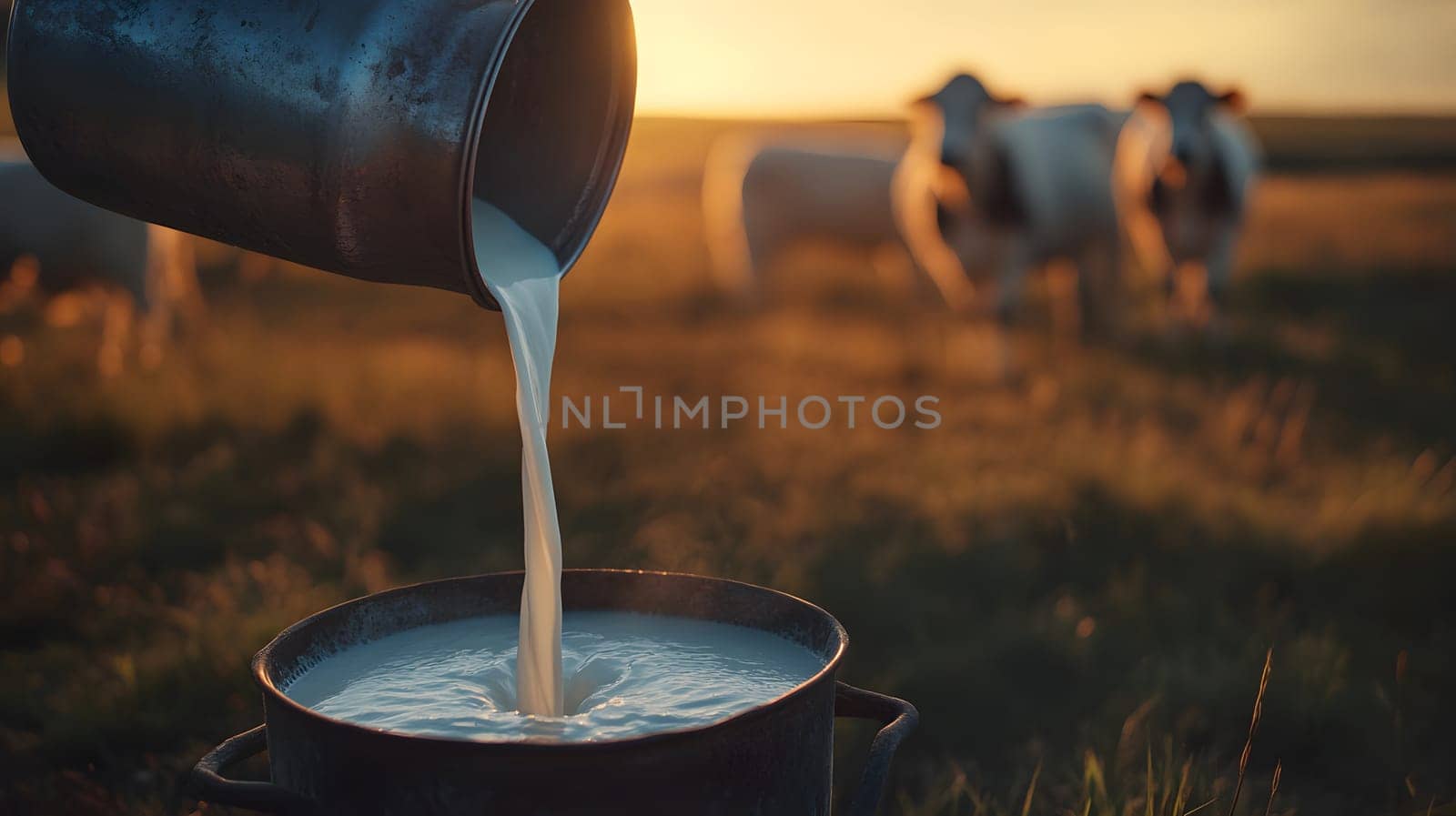 Milk being poured into a container with cows in the background.