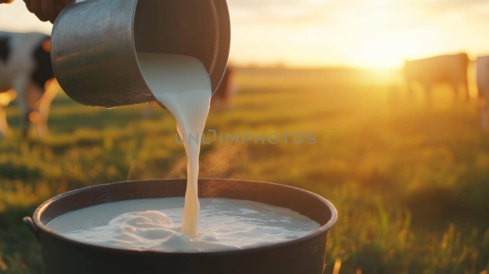 Milk is being poured from a container into a bucket at sunset.