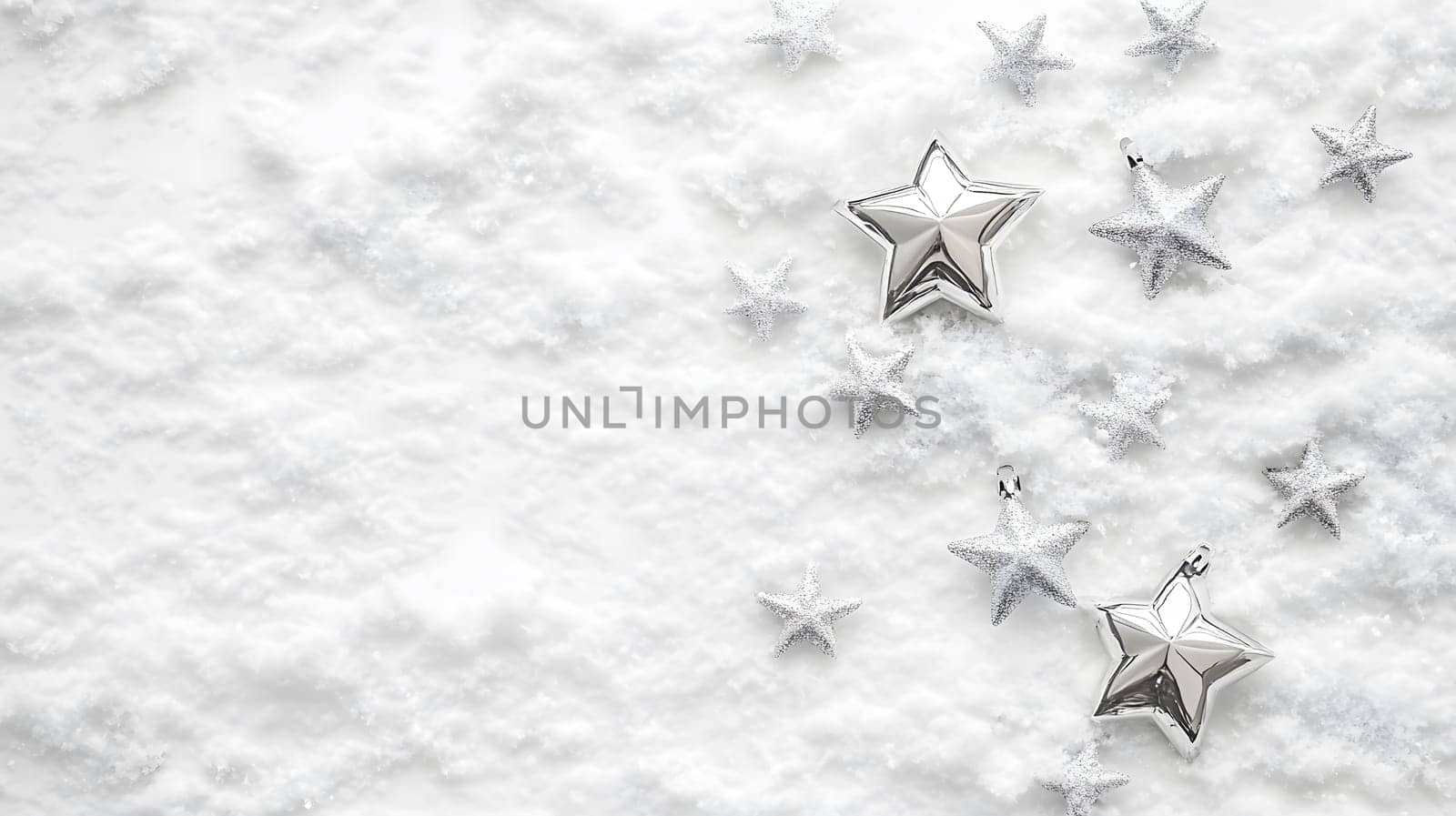 Silver stars scattered on a snowy background for festive decoration.