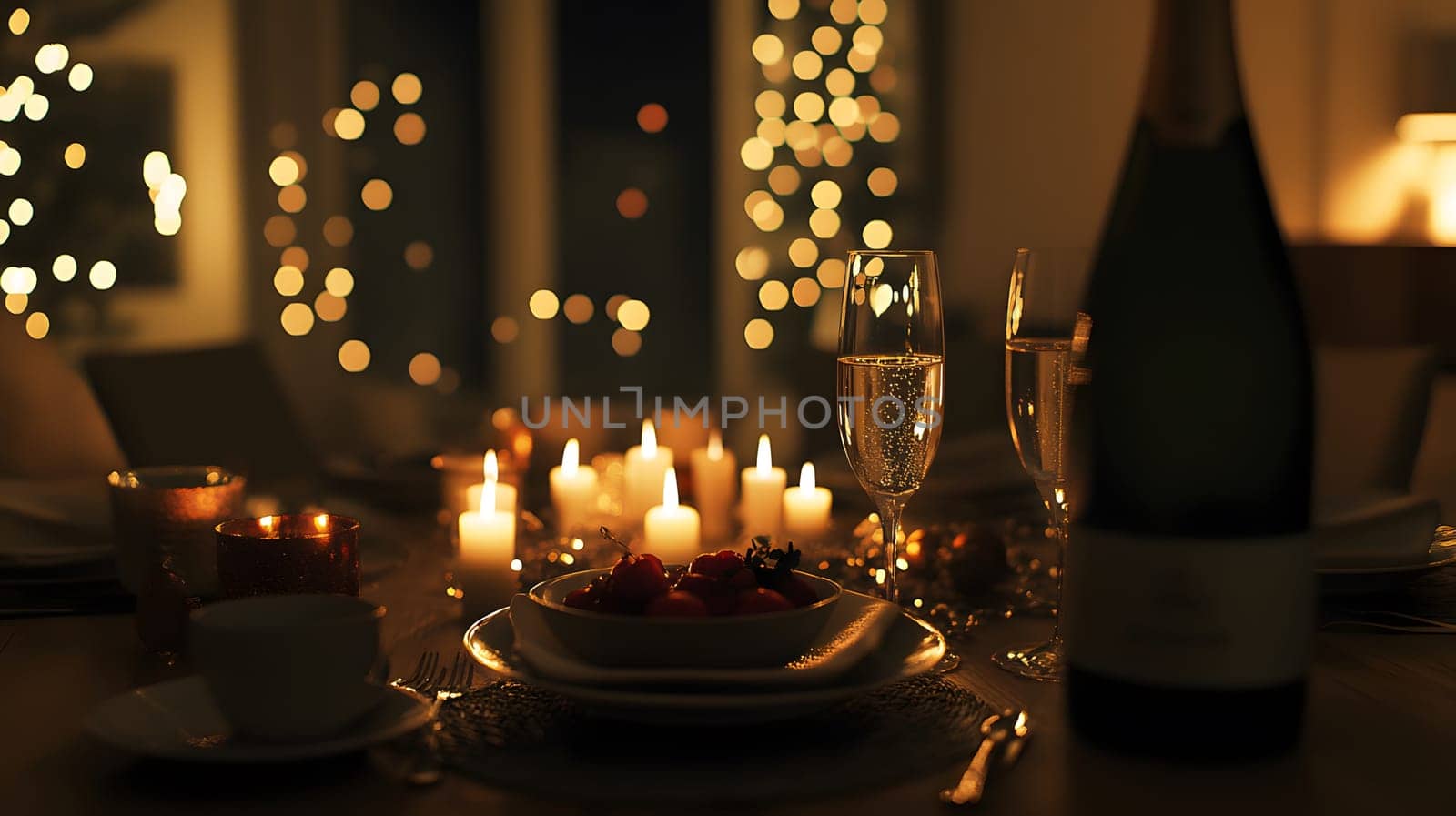 Romantic dinner setting with candles and champagne in soft lighting.