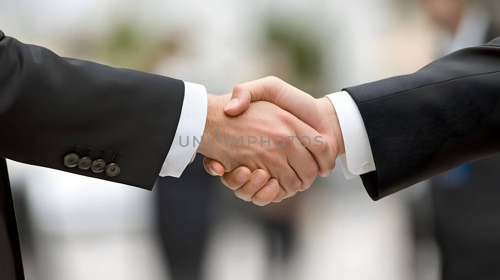 Two business professionals shaking hands in a formal setting.