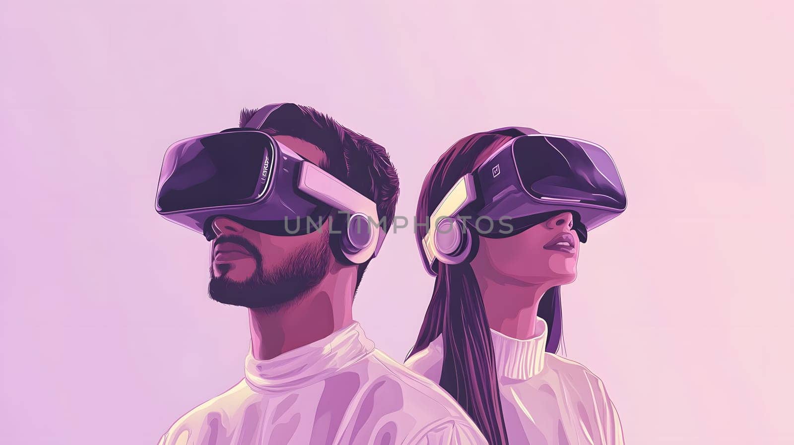 Two individuals wearing VR headsets in a stylized setting.