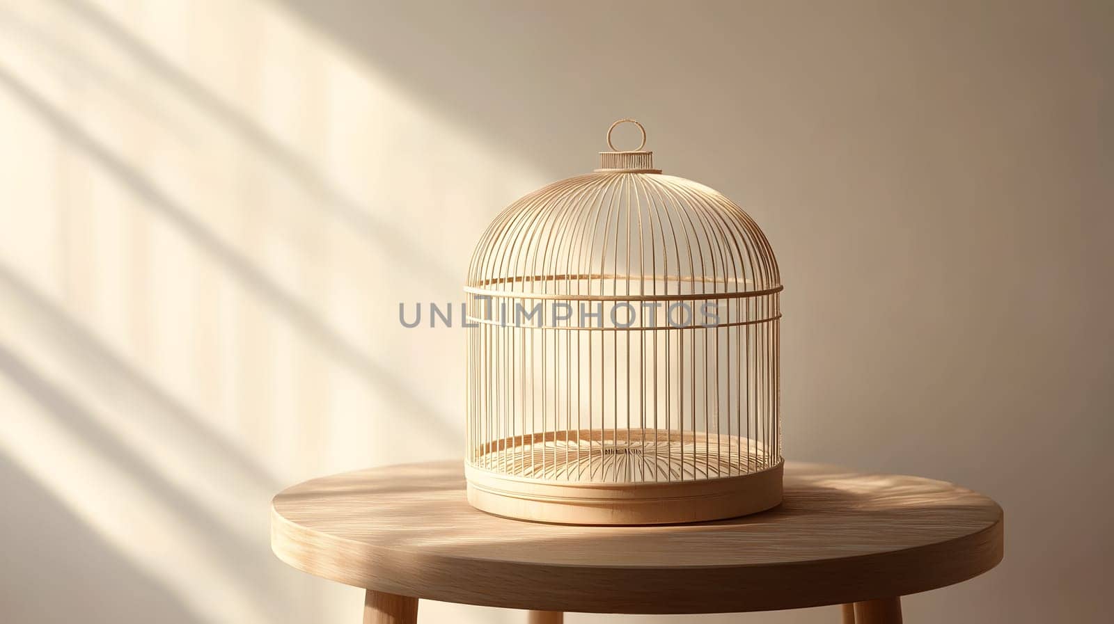 A minimalistic birdcage on a wooden table in soft sunlight.