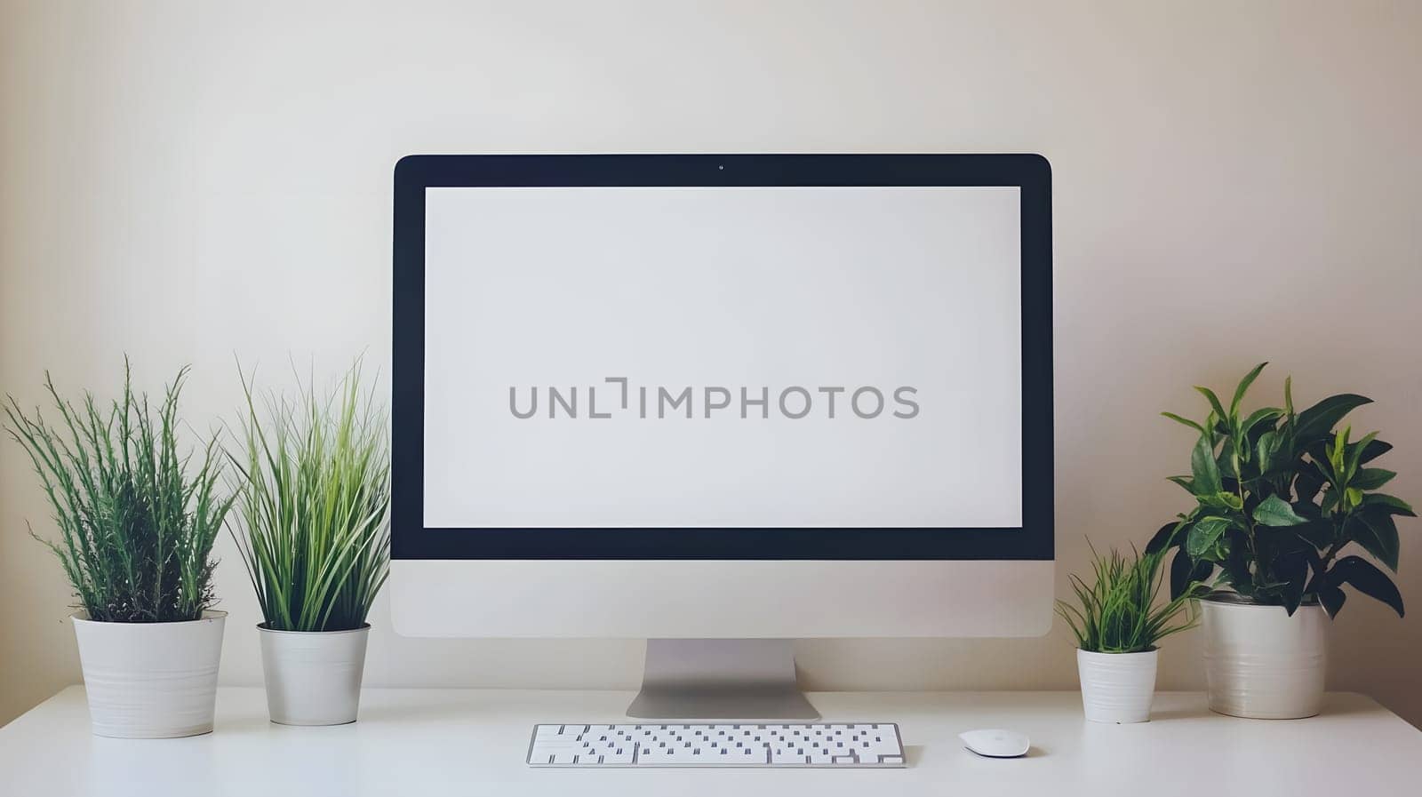 A minimalist workspace featuring a computer and potted plants.