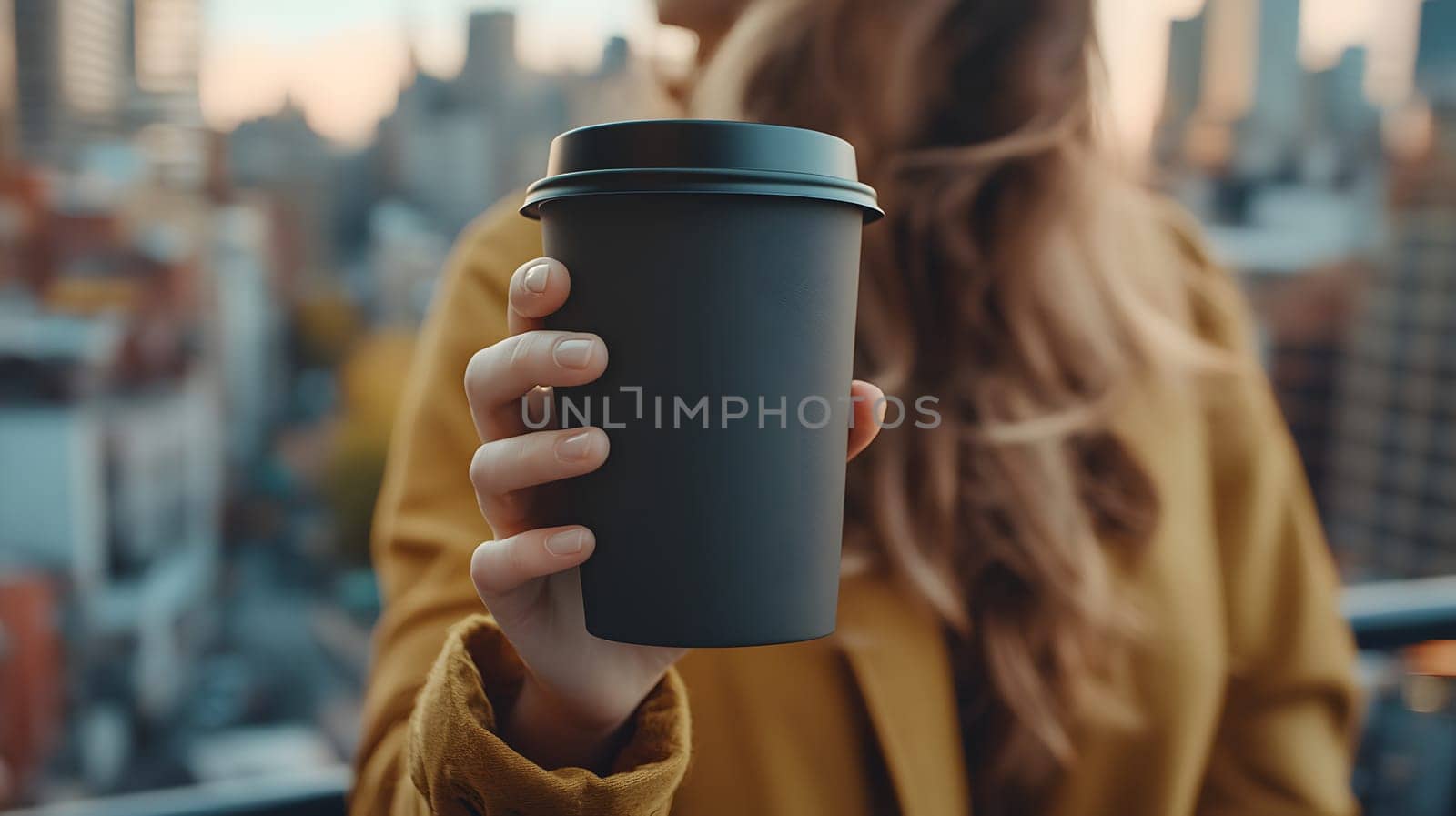 A person holding a coffee cup against a city backdrop.