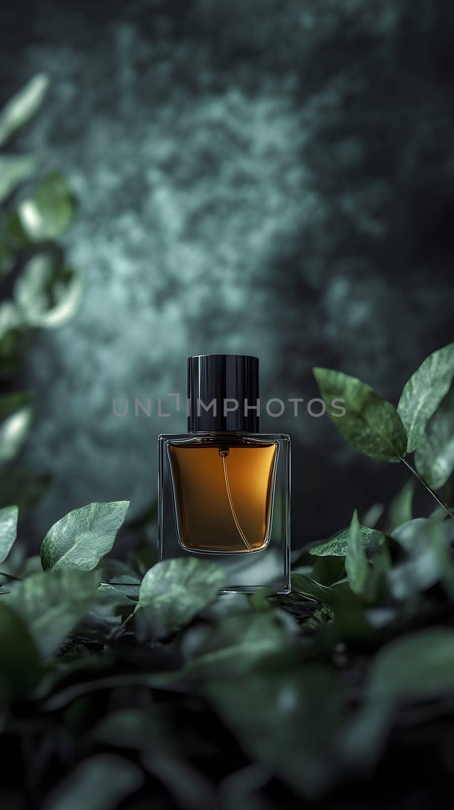 A perfume bottle surrounded by lush green leaves in a moody setting.