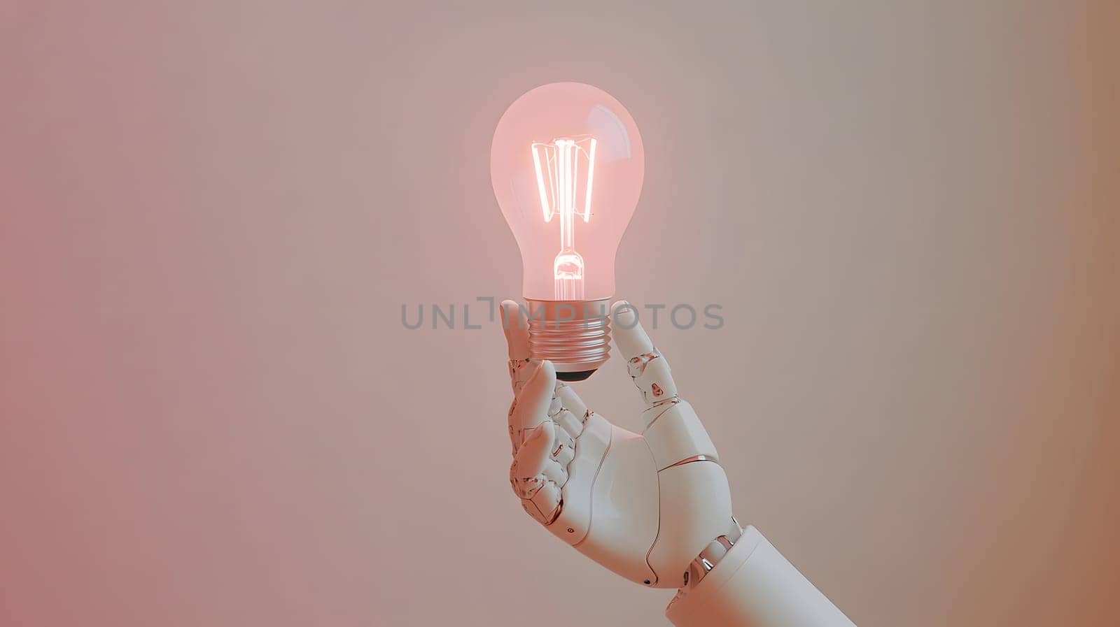 A robotic hand holding a glowing light bulb in a soft background.