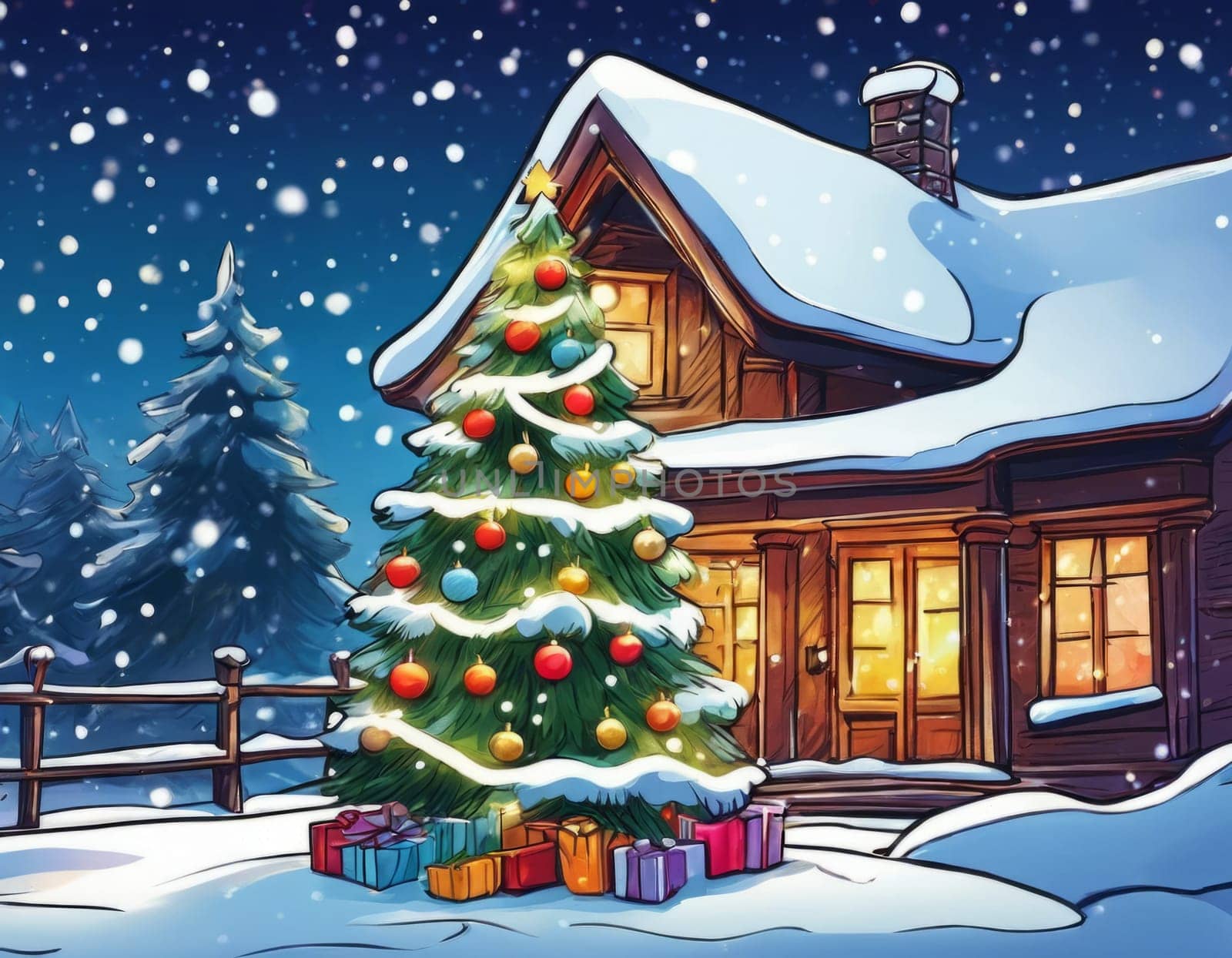 Cozy Christmas scene with beautifully decorated tree, presents outside snow-covered cabin. Warm glowing windows create invitation atmosphere, for holiday card, winter advertisement, festive promotion