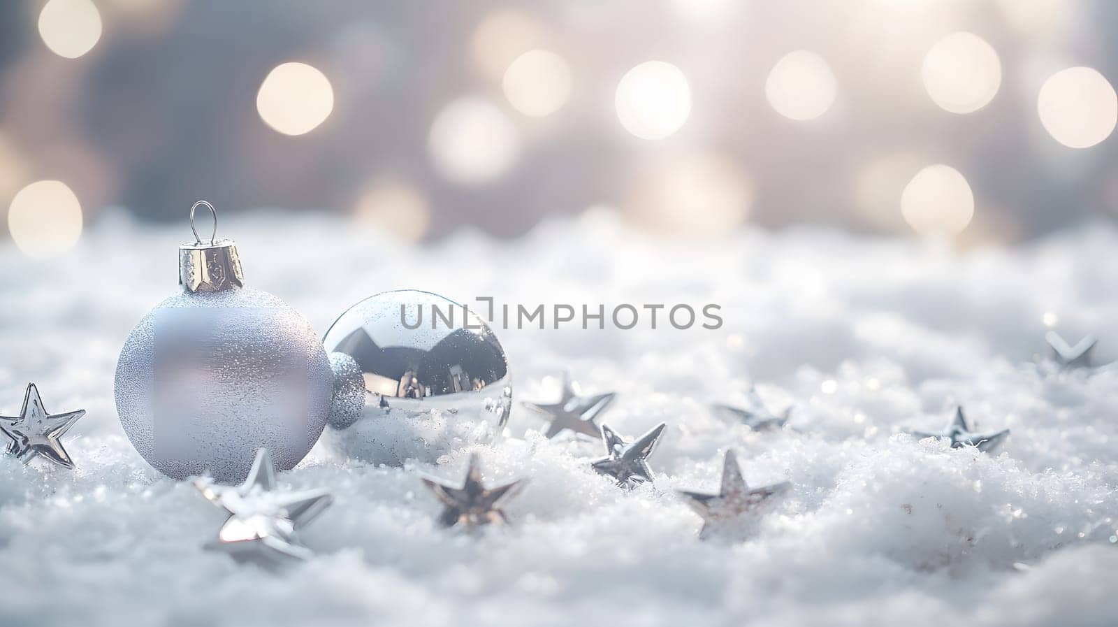 A serene winter scene with ornaments and stars on snow.