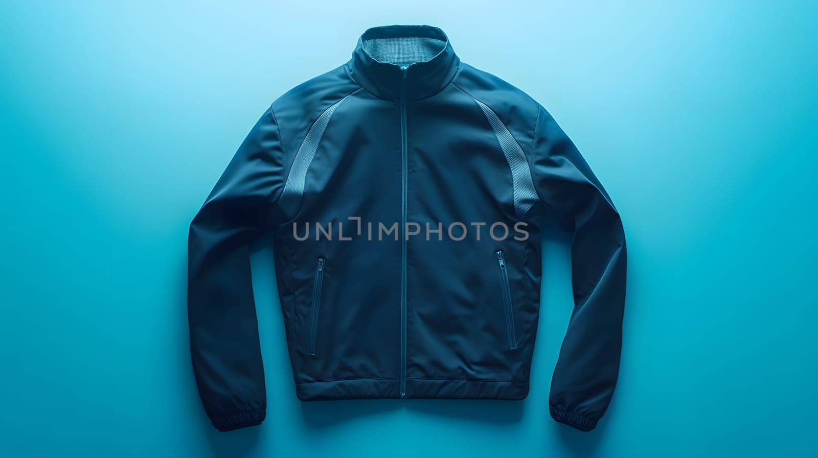 A sleek, dark jacket displayed on a blue background.