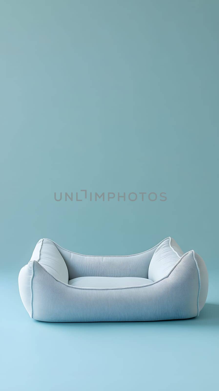 A soft, light blue pet bed on a pastel background.