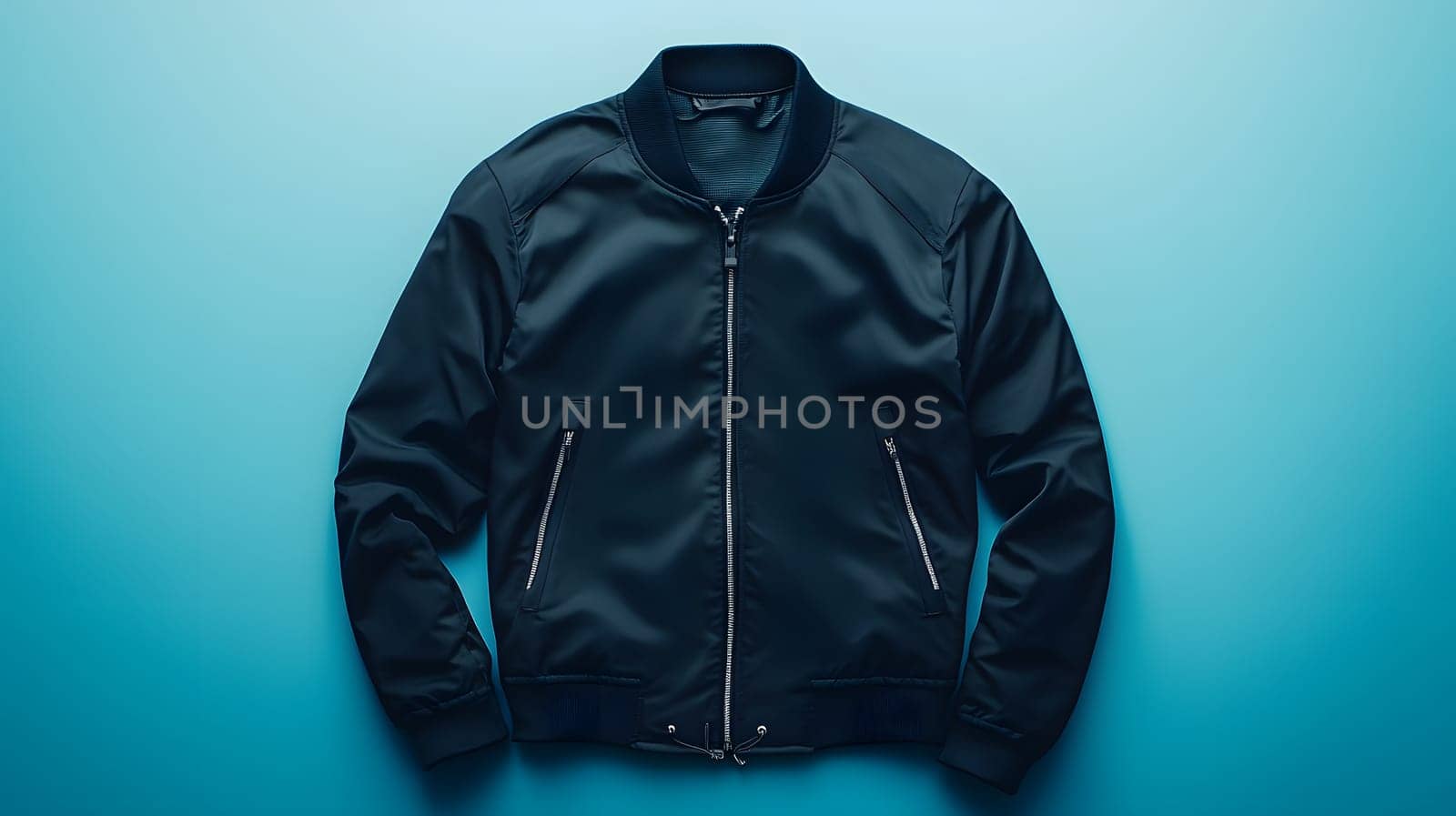 A stylish navy bomber jacket on a vibrant blue background.