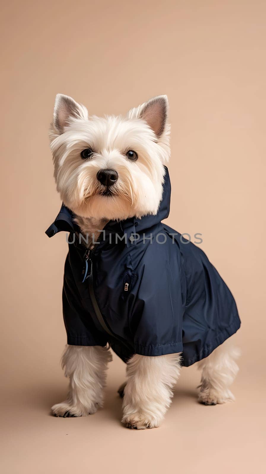 A stylish dog wearing a navy raincoat against a neutral background.