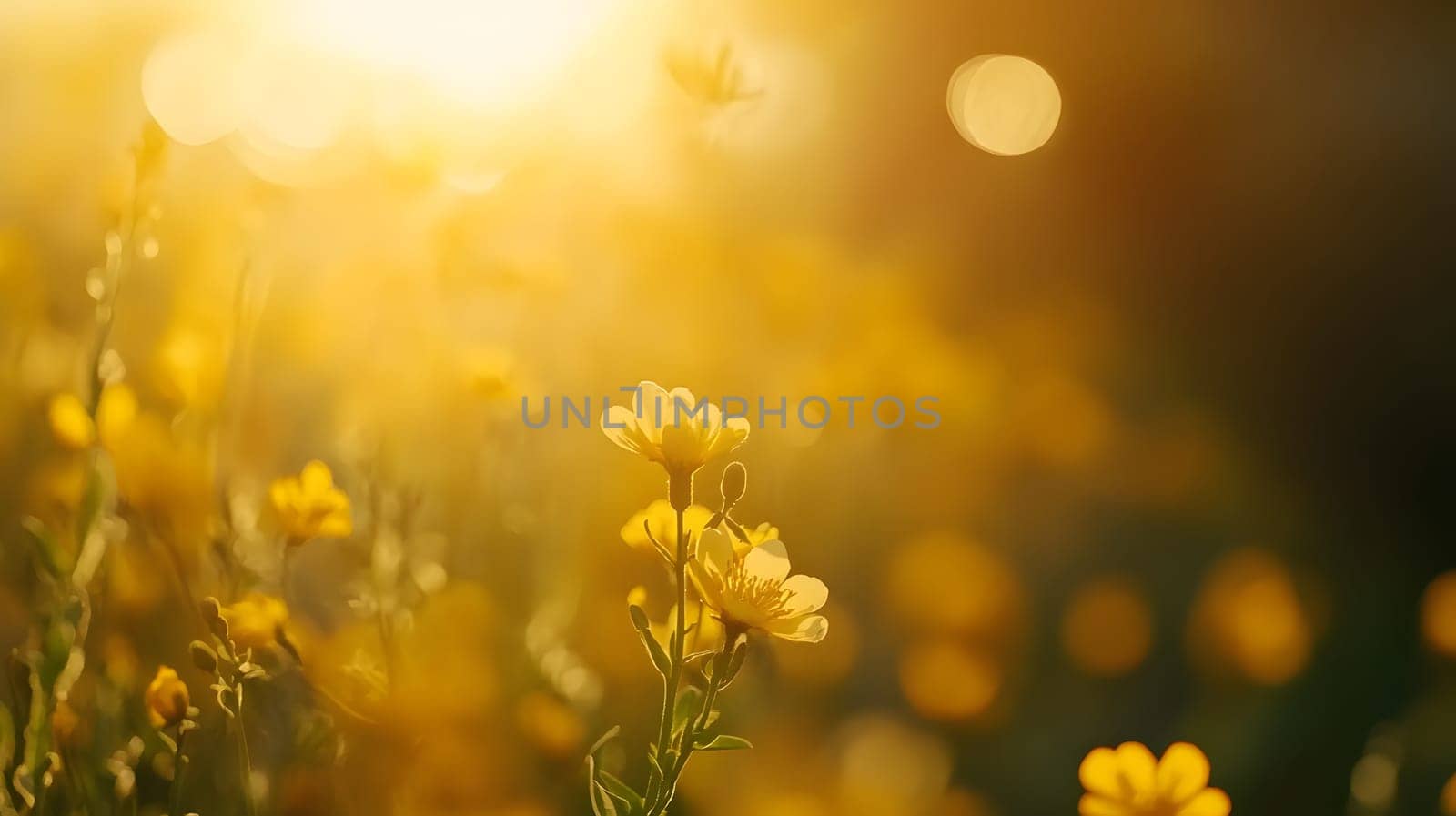 A sunlit field of vibrant yellow flowers in soft focus.