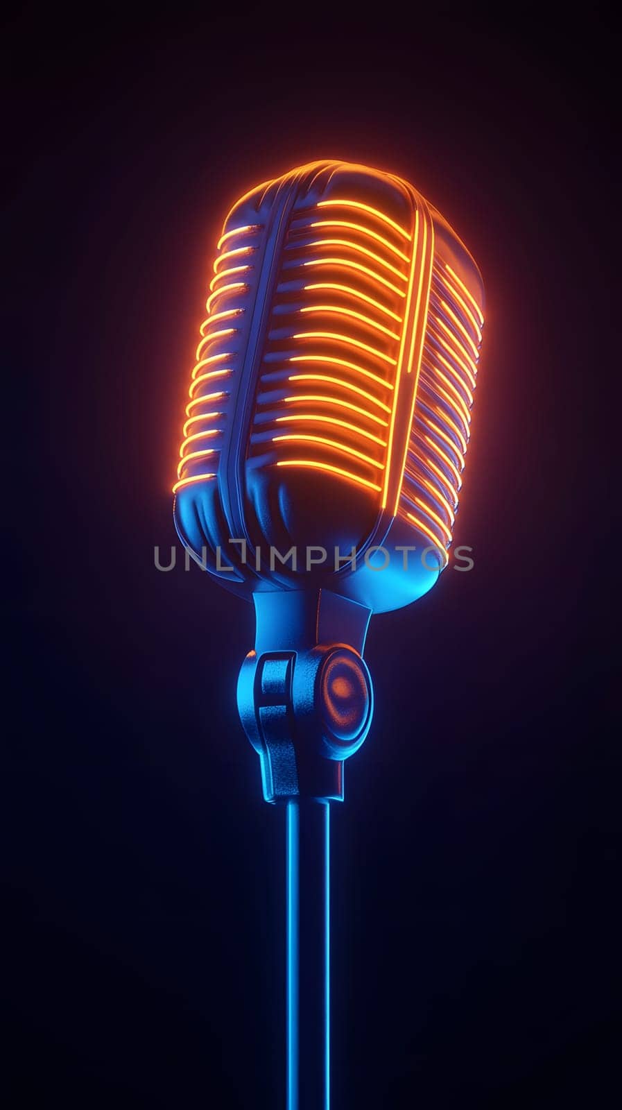 A vibrant microphone illuminated with neon colors on a stand.