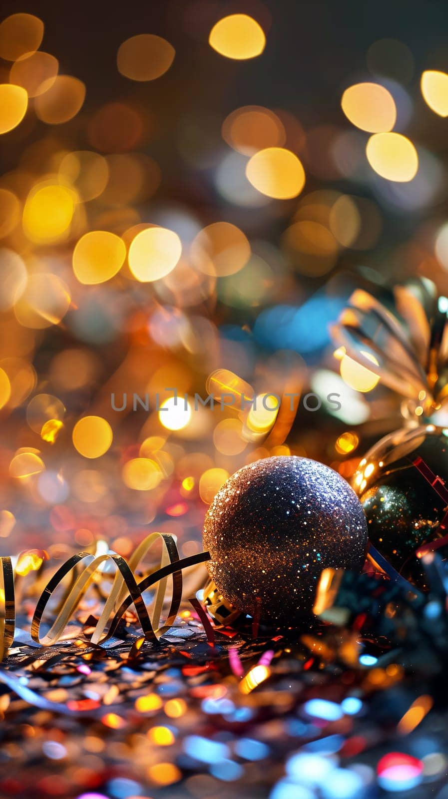 The image captures a close-up of a glittery holiday ornament and tinsel, bathed in the warm, glowing bokeh of twinkling festive lights - Generative AI
