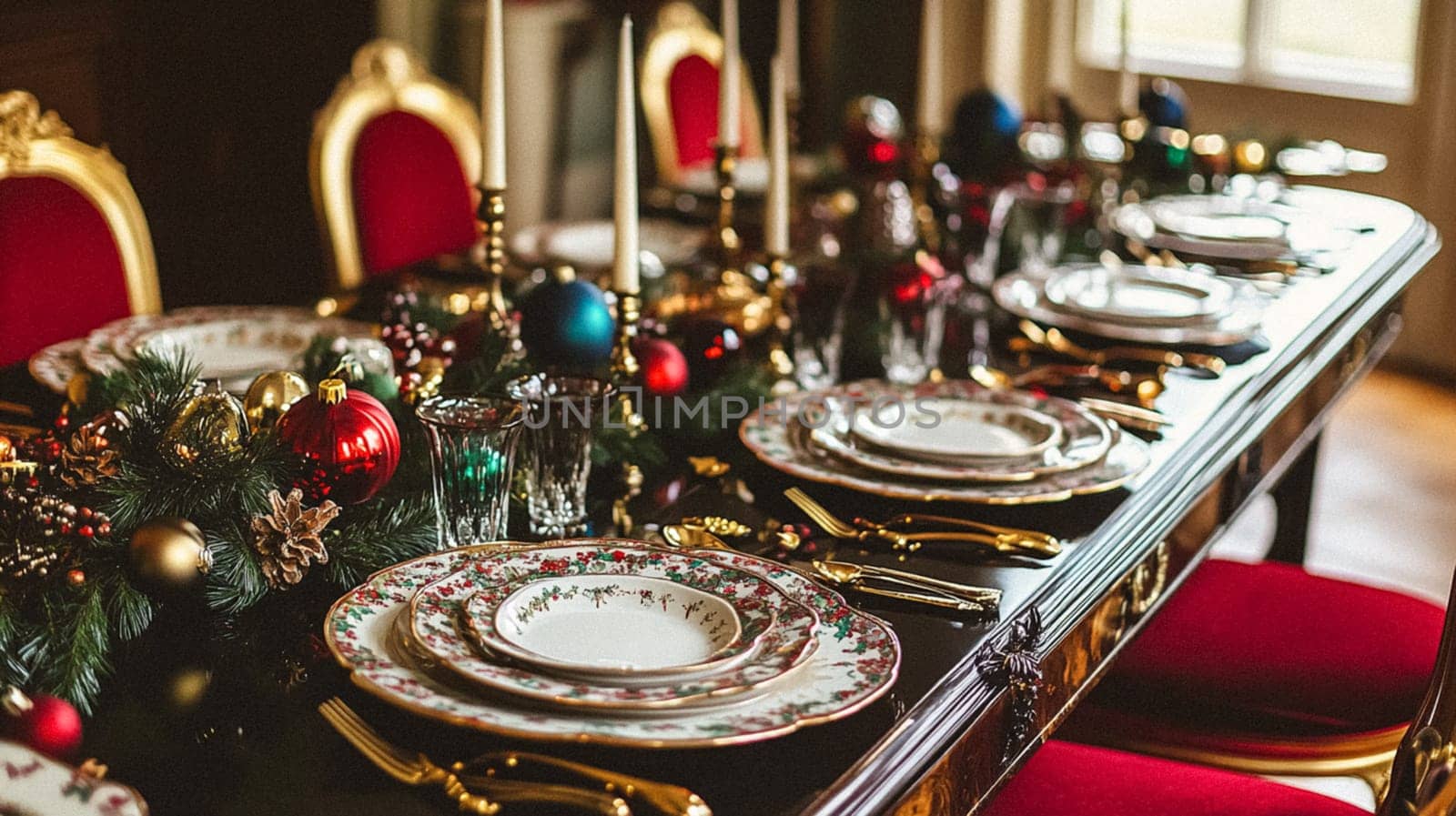 Christmas tablescape decoration, formal family dinner holiday celebration, luxury table setting decor, English country and home style idea