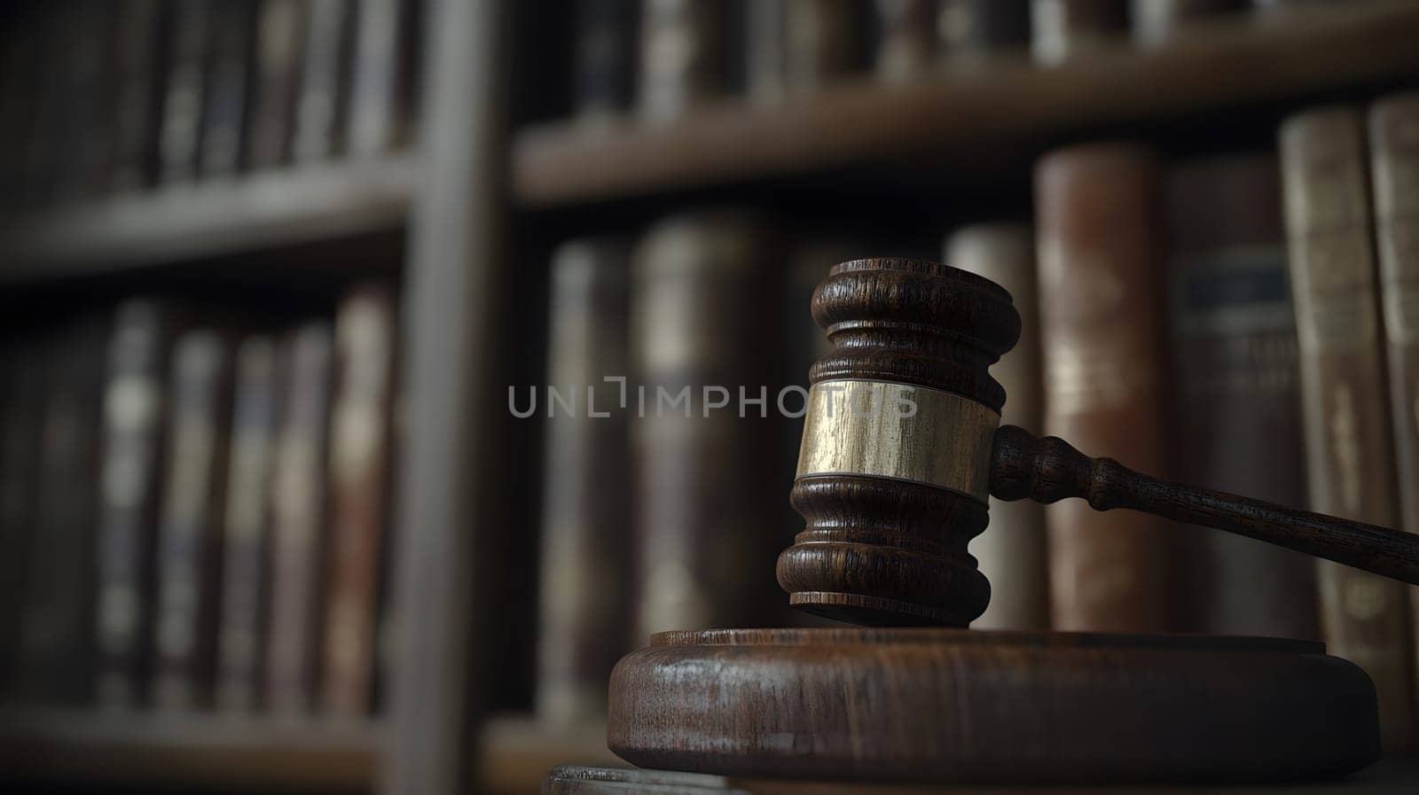 A wooden gavel resting on a desk in front of a library of books.