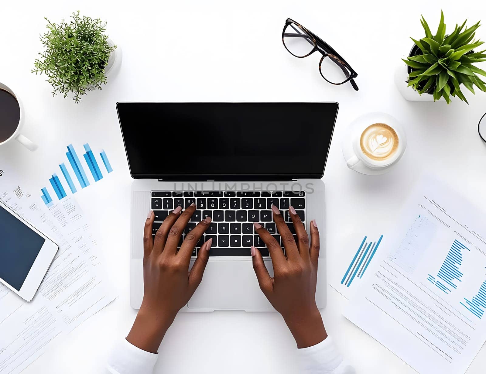 A workspace with a laptop, documents, plants, and beverages.