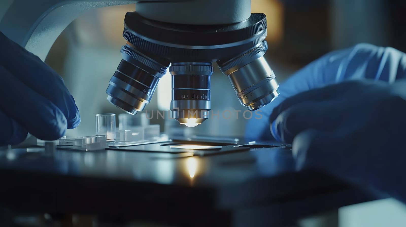 Close-up of a microscope with hands preparing a slide for examination.