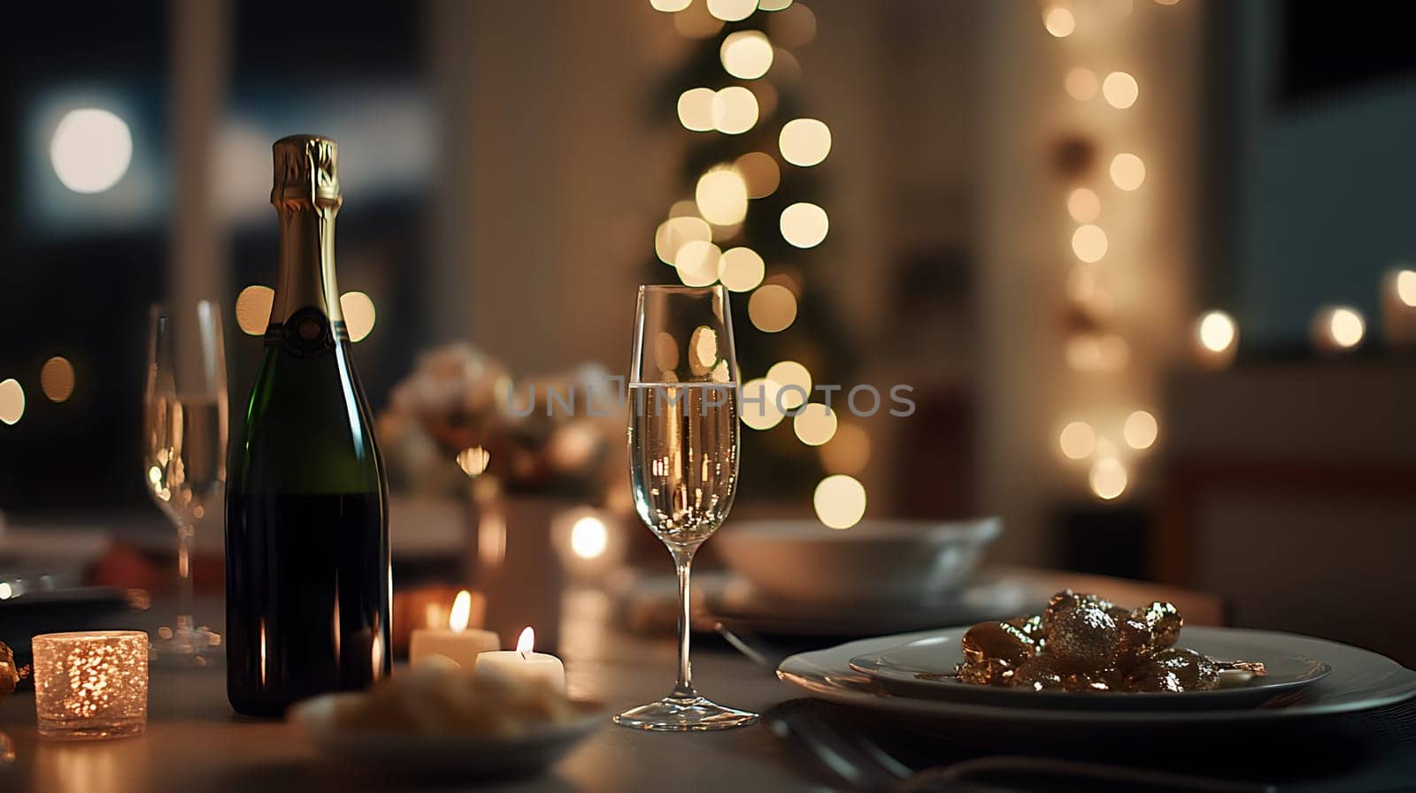 Elegant dining setup with champagne, festive decor, and soft lighting.