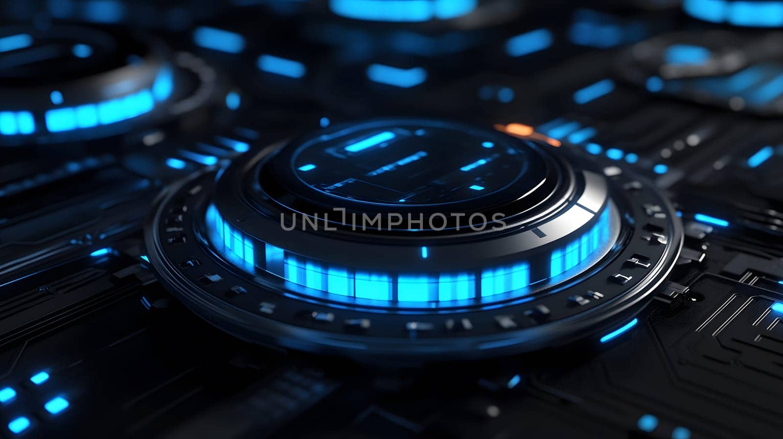 Futuristic digital interface with glowing blue elements and circuits.